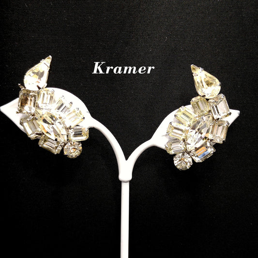 Kramer Clear Rhinestone Clip Earrings, Rhodium Plated, Wedding Earrings, 1950s Vintage Jewelry