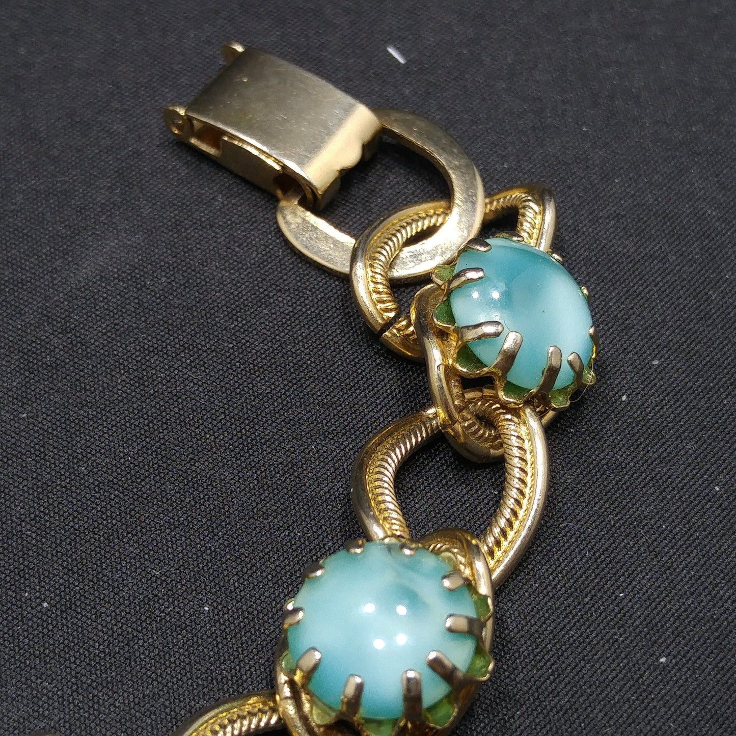 Vintage 1950s Gold Tone Bracelet Blue Art Glass Cabochons Mid Century