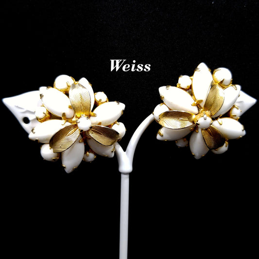 Weiss Milk Glass Gold Plated Flower Earrings, 1960s Designer Vintage Jewelry