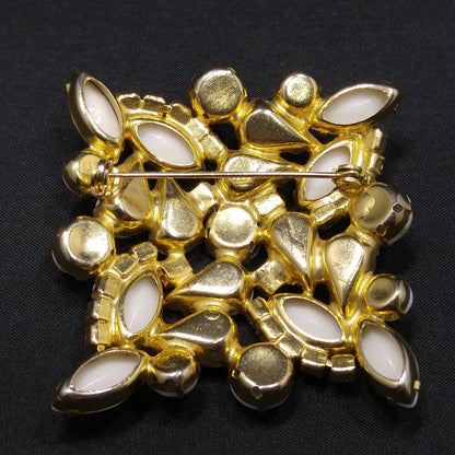 White Milk Glass AB Rhinestones Brooch, Aurora Borealis, Gold Plated, 1960s Vintage Jewelry