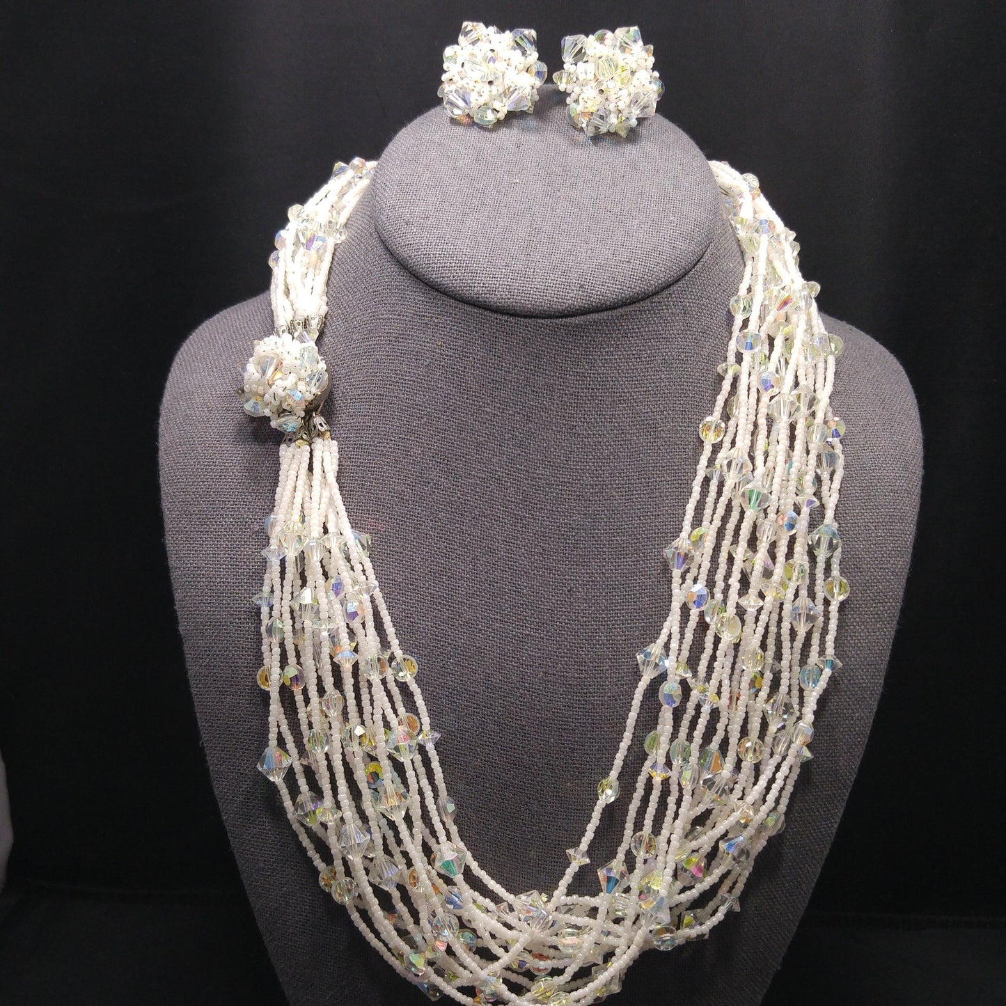 Vendome Seed Bead Aurora Borealis Crystal Necklace Earrings Set, Beaded Claps, 14 Strands, 1960s Vintage Jewelry