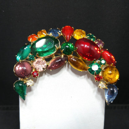 Weiss Crescent Moon Fruit Salad Brooch – Multicolor Cabochon Rhinestone 1950s