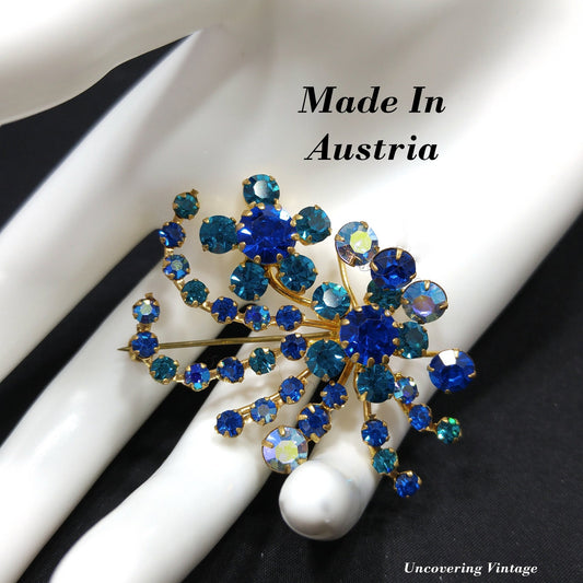 Austria Teal Blue Aurora Borealis Brooch, Floral Spray, 1950s Vintage Jewelry