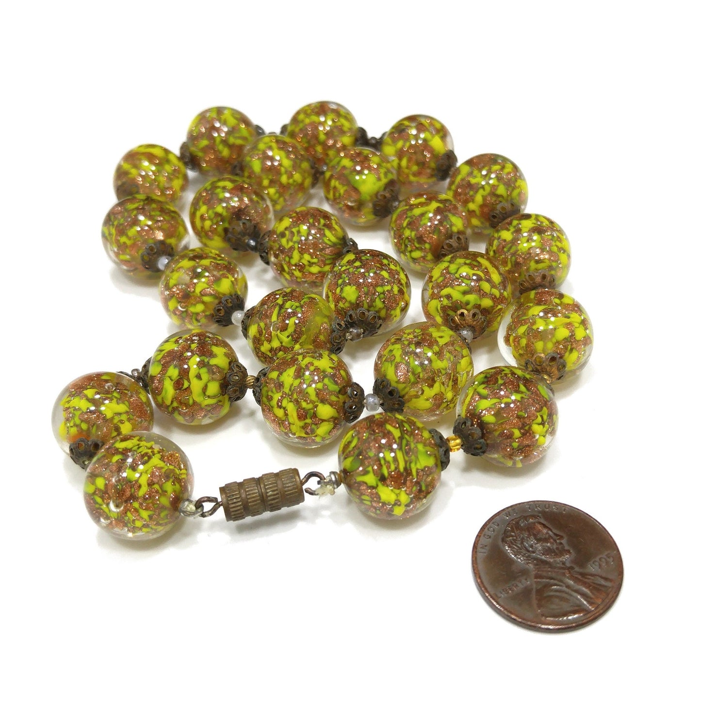 Vintage Green Venetian Glass Beaded Necklace, Copper Aventurine Italian Beads, 1930s Vintage Jewelry