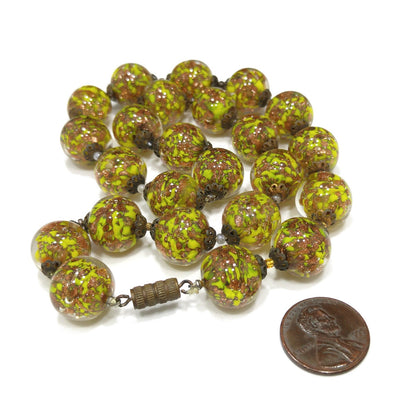 Vintage Green Venetian Glass Beaded Necklace, Copper Aventurine Italian Beads, 1930s Vintage Jewelry
