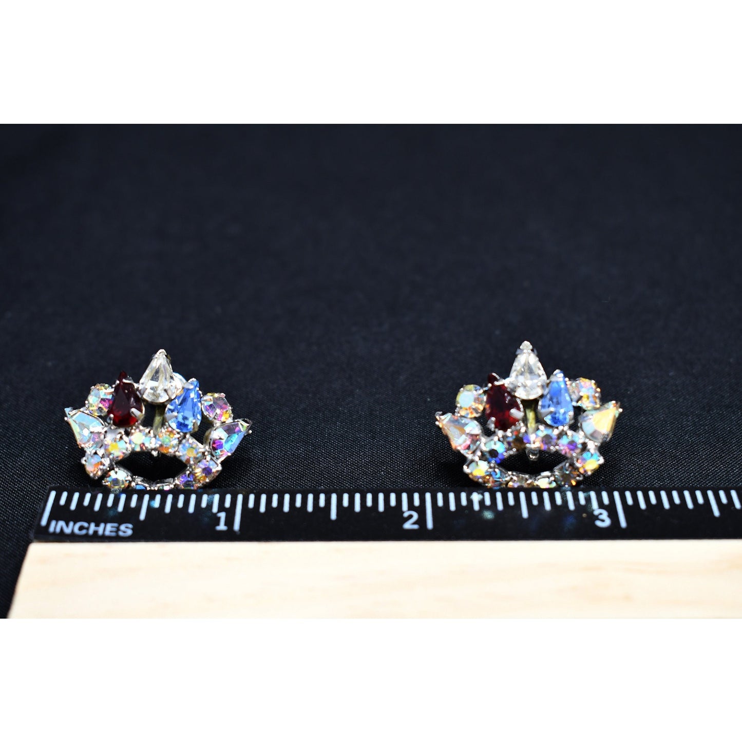 Rhinestone Crown Screw Back Earrings, Unsigned B. David, 1950s Vintage Jewelry