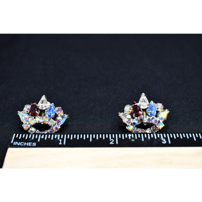 Rhinestone Crown Screw Back Earrings, Unsigned B. David, 1950s Vintage Jewelry