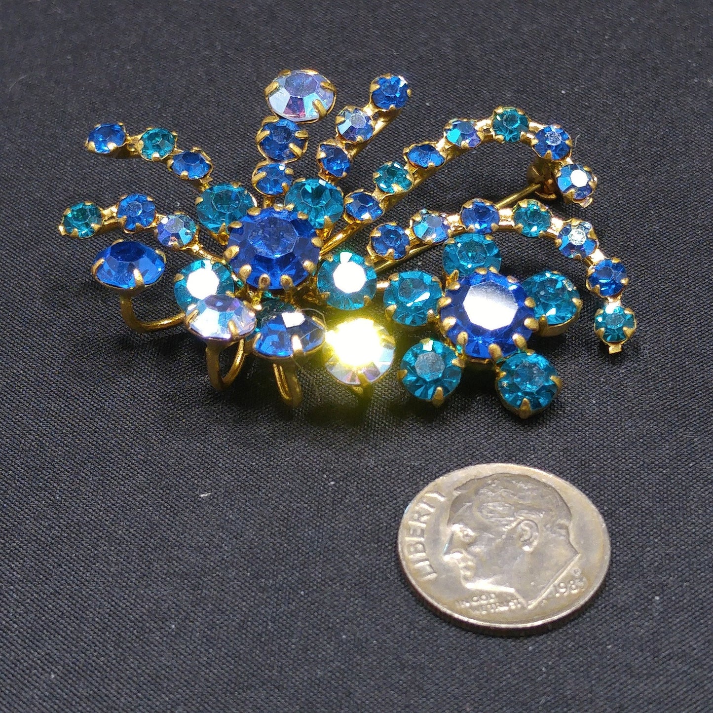 Austria Teal Blue Aurora Borealis Brooch, Floral Spray, 1950s Vintage Jewelry