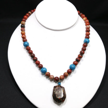 Gemstone Pendant Beaded Necklace, Red Jasper, 1980s Vintage Jewelry