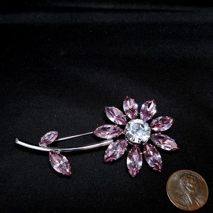 Swarovski Pink Crystal Flower Brooch, Clear Center, Swan Logo