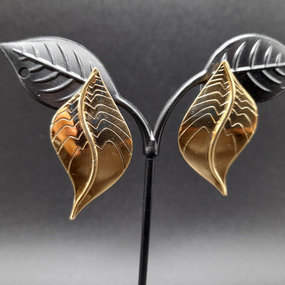 Vintage Laurel Burch Leaf Post Earrings, Gold Plated, 1 5/8 Inches