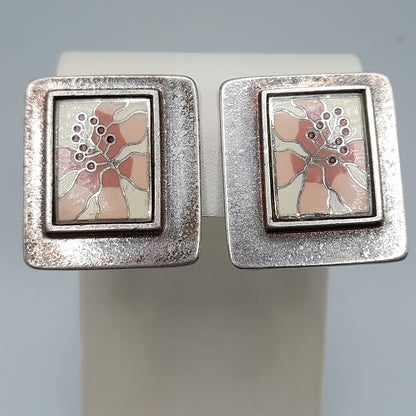 Laurel Burch Pink Flower Clip Earrings, Silver Plate, Cloisonne Enamel, 1980s Vintage Jewelry
