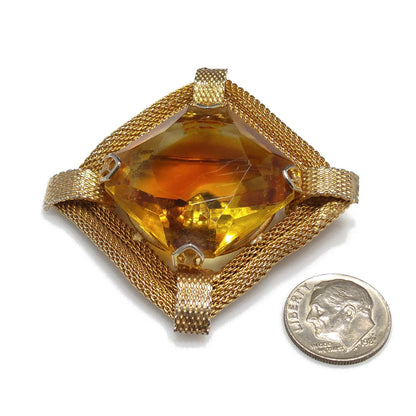 Light Topaz Glass Large Stone Brooch, Gold Plated Mesh Frame, 1960s Vintage Jewelry
