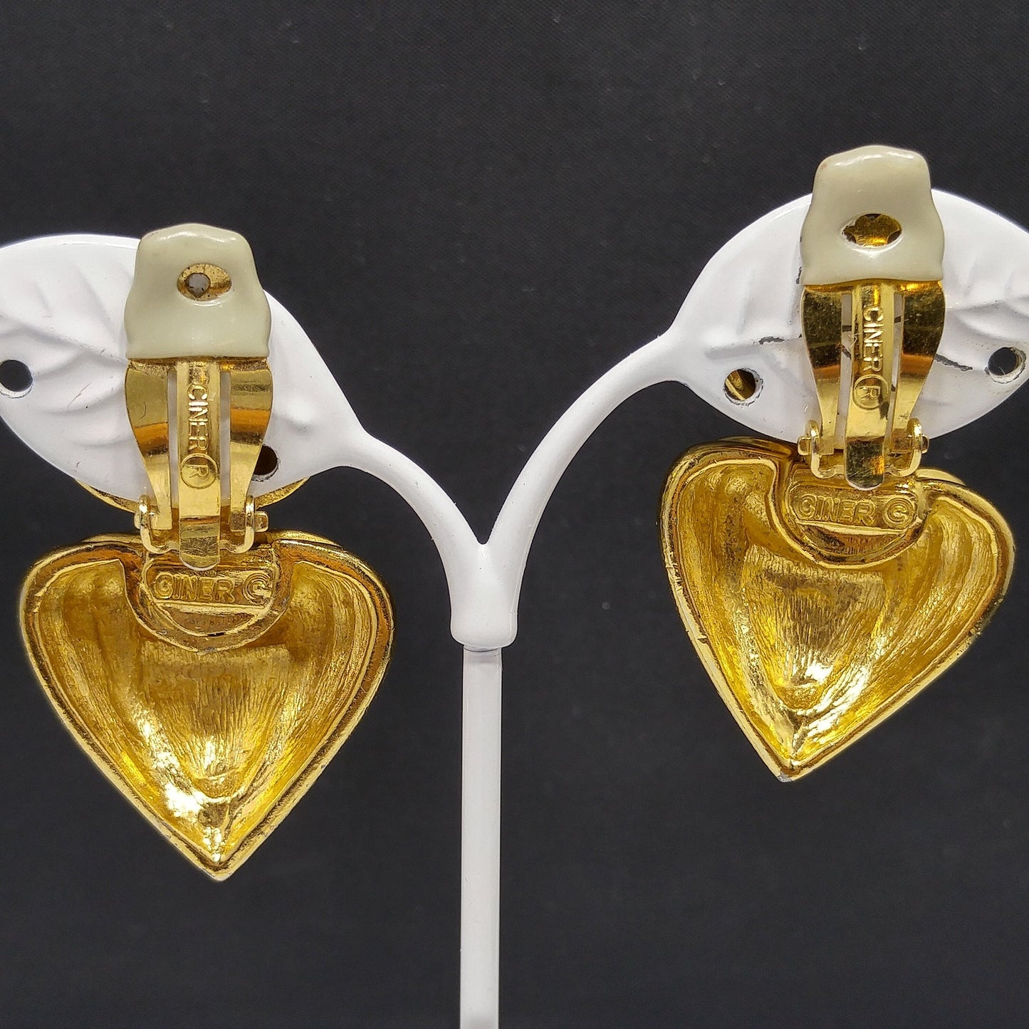 Vintage CINER Heart Drop Earrings, Red Cabochon, Gold Plated, 1980s