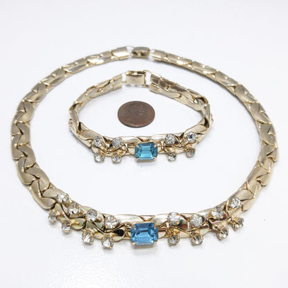 Vintage Gold Tone Chain Rhinestone Necklace & Bracelet Set, Sky Blue