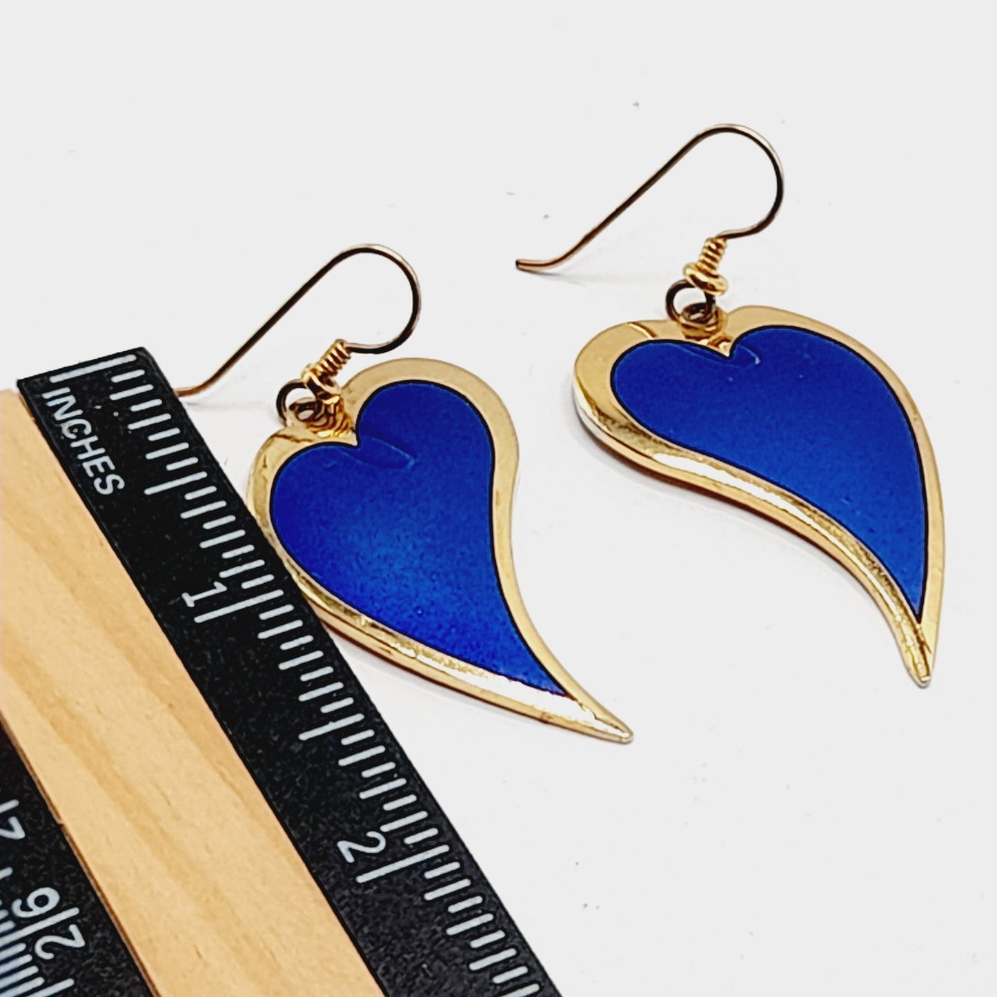 Vintage Laurel Burch Heart Dangle Earrings, Blue Enamel, Gold Plated, 2 Inches