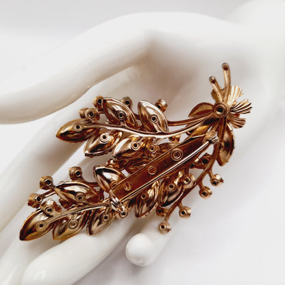 Vintage Amber Orange Rhinestone Leaf Brooch, 3D Layered, 1950s