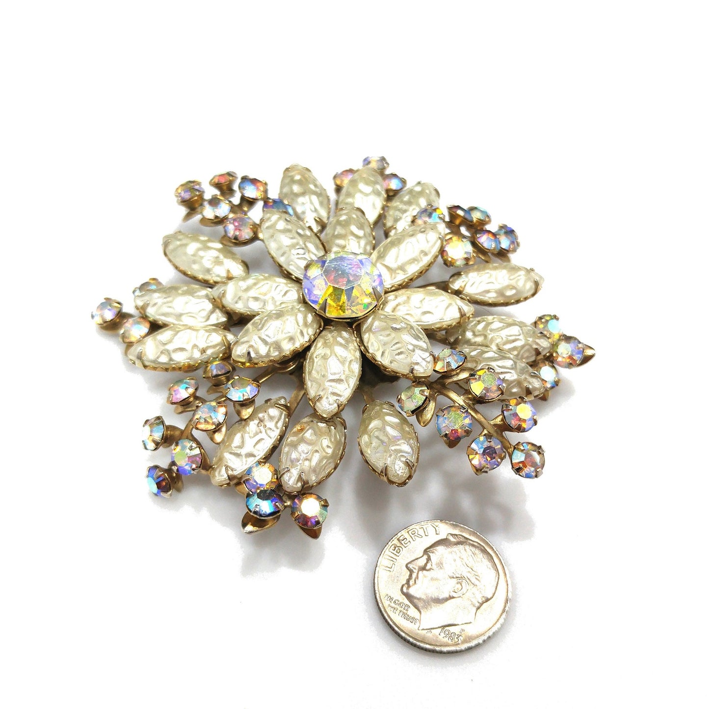 Large Flower Pearled Lava Glass Brooch, Aurora Borealis Rhinestones, 1950s Vintage Jewelry