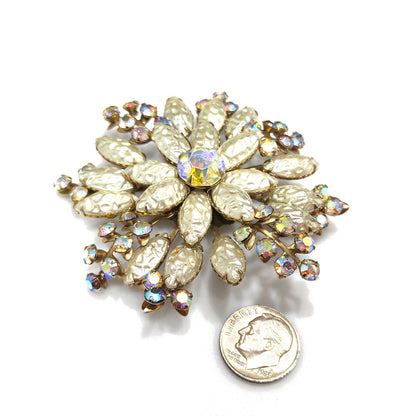 Large Flower Pearled Lava Glass Brooch, Aurora Borealis Rhinestones, 1950s Vintage Jewelry