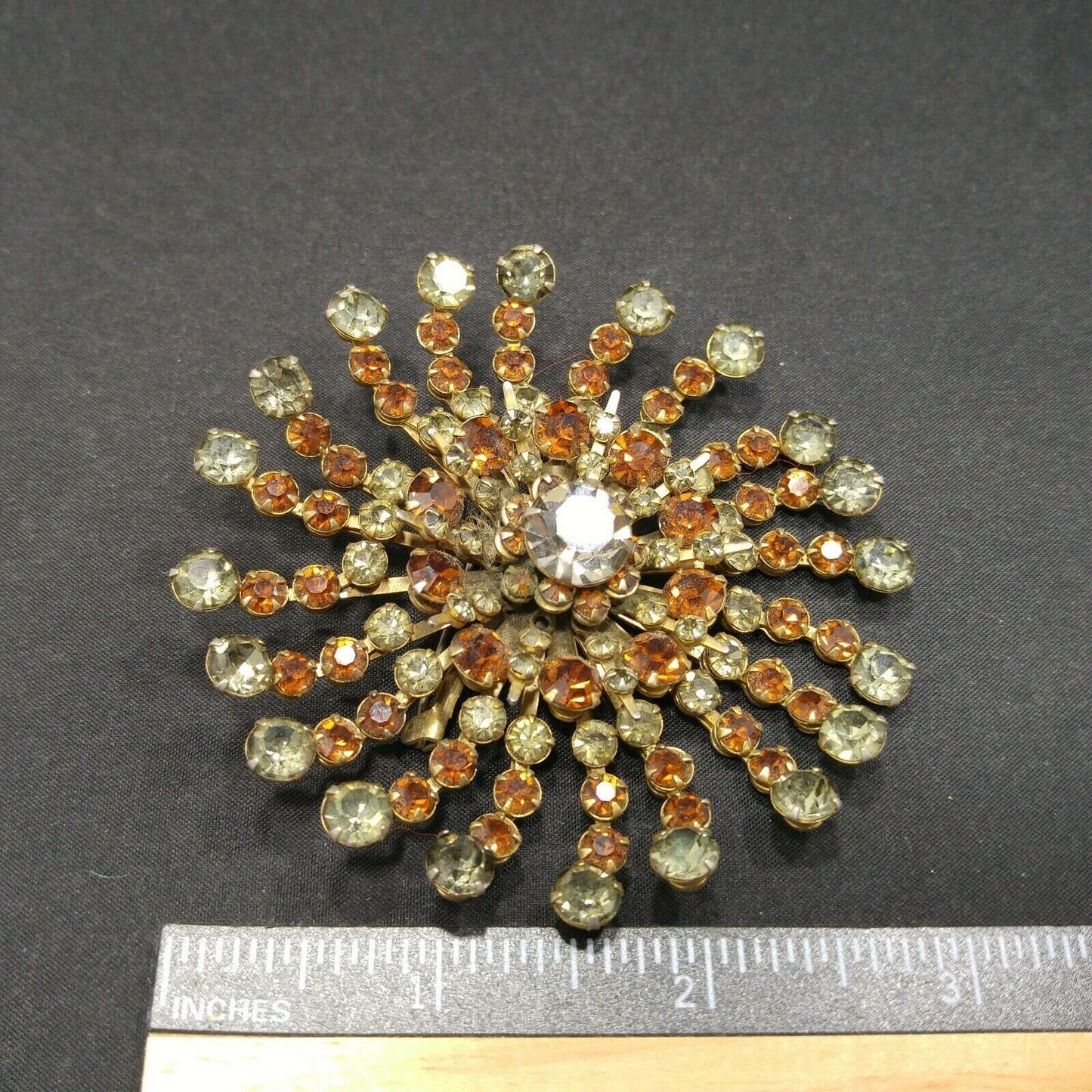 Vintage 1950s Rhinestone Flower Brooch Large Gray Topaz Floral Burst Pin