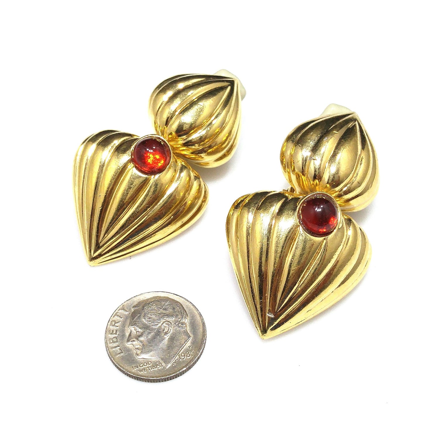 Vintage CINER Heart Drop Earrings, Red Cabochon, Gold Plated, 1980s