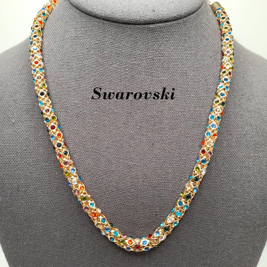 Vintage Swarovski Multicolor Rhinestone Necklace, Gold Plated, Swan Logo, 19”