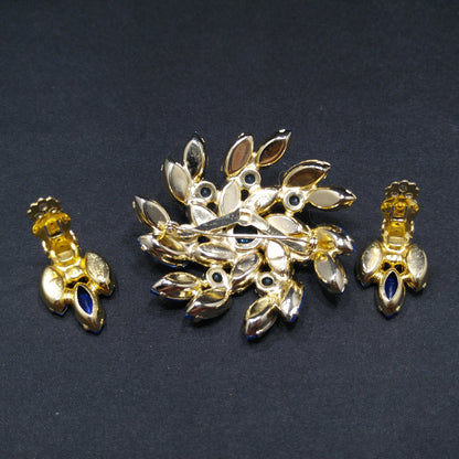 Blue Light Dark Rhinestones Pinwheel Brooch & Earrings, Gold Plated, 1960s Vintage Jewelry