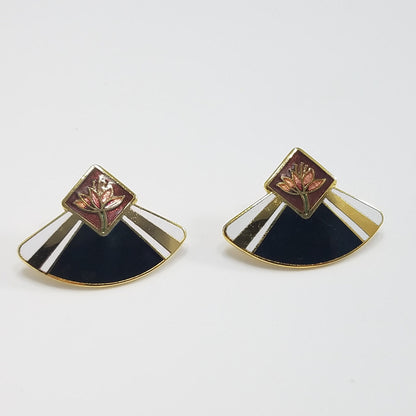 Vintage Laurel Burch WATER LILY Fan Gold Cloisonne Earrings, Gold Filled Posts