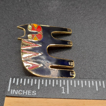 Laurel Burch Magicat Brooch, Black Red Enamel Cloisonne, Gold Plated, 1980s Vintage Jewelry