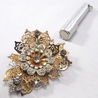BARCLAY Fur Clip & Brooch, Gold Plated Filigree, Rhinestones, 1940s Vintage Jewelry