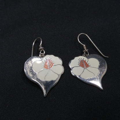 Vintage Laurel Burch "Hibiscus Heart" Earrings, Enamel Rhodium Plated