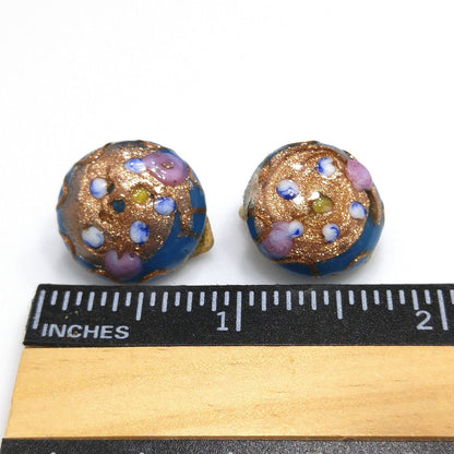 Vintage Italian Wedding Cake Clip Earrings, Blue Pink Roses  1940s