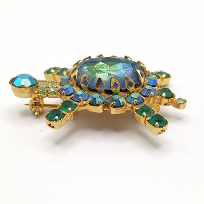 Vintage Turtle Brooch, Green Blue Aurora Borealis Rhinestones, Gold Plated, 1960s Vintage Jewelry