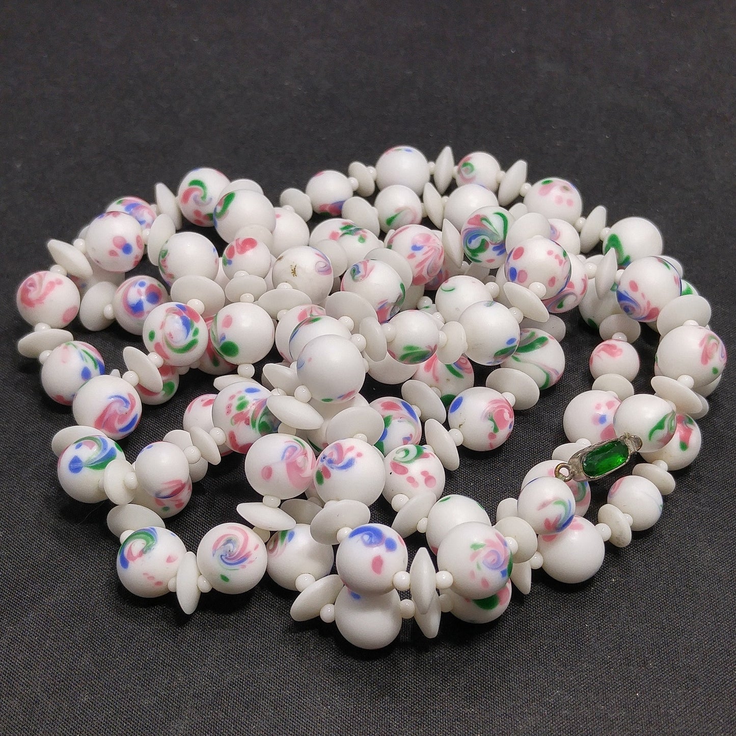 Czech Hand Painted Floral Ceramic Beaded Necklace, 48 Inches, 1930s Vintage Jewelry