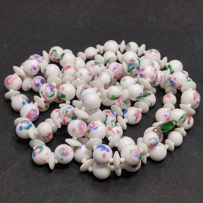 Czech Hand Painted Floral Ceramic Beaded Necklace, 48 Inches, 1930s Vintage Jewelry