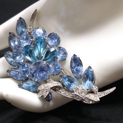 Eisenberg Ice Blue Rhinestone Brooch, Rhodium Plated, 1960s Vintage Jewelry