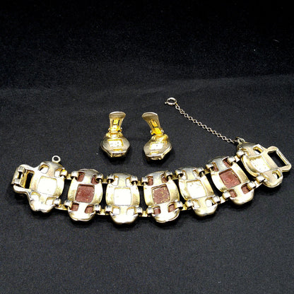 Lucite Confetti Cab Bracelet & Earrings, Gold Glitter Cabochons, 1950s Vintage Jewelry
