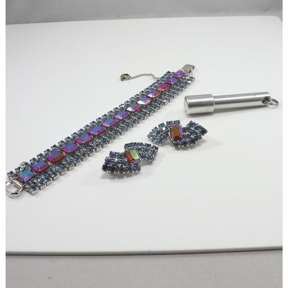 Vintage Rhinestone Bracelet Earring Set, Red Aurora Borealis Emerald Cut