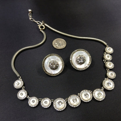 Mother of Pearl Rhinestone Jewelry, Necklace & Clip Earring Set, 1940s Vintage