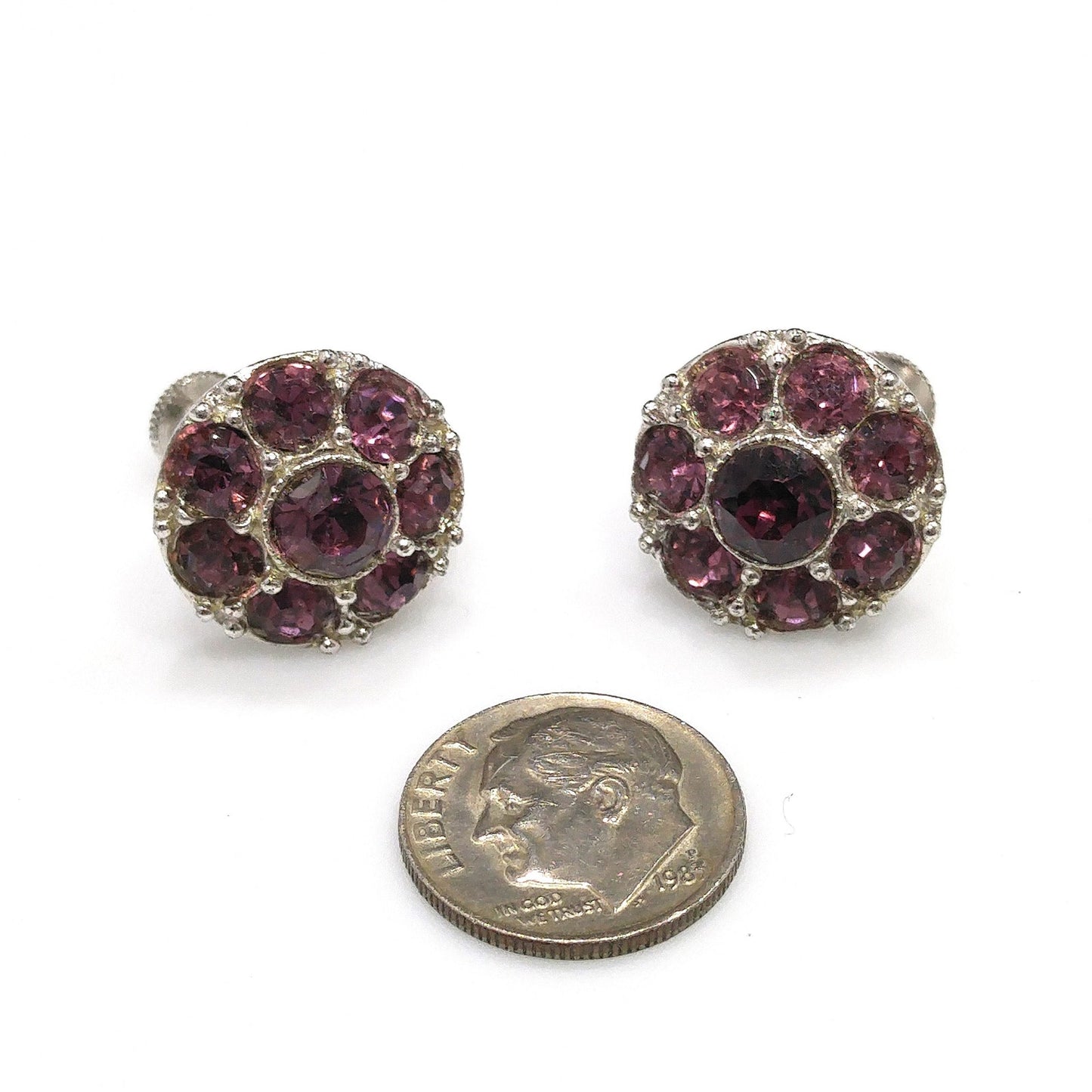 Bogoff Purple Rhinestone Screw Back Earrings, Rhodium Plated, 1940s Vintage Jewelry