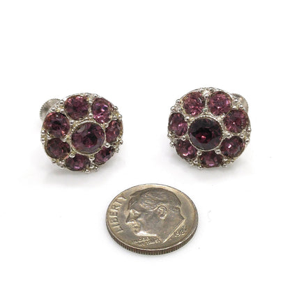 Bogoff Purple Rhinestone Screw Back Earrings, Rhodium Plated, 1940s Vintage Jewelry