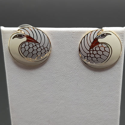 Vintage Laurel Burch Mynah Bird Earrings, Cream Orange Enamel, Gold Plated, 3/4 Inch