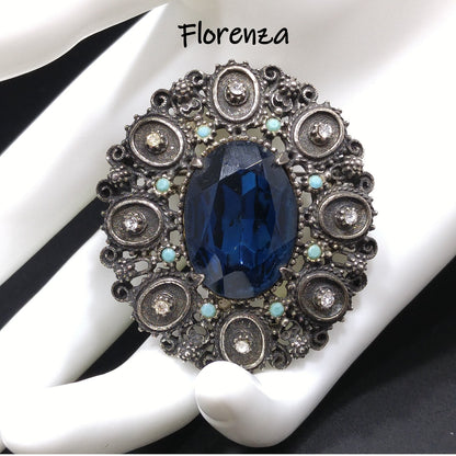 Florenza Blue Faceted Glass Brooch & Pendant, Antique Silver Tone, Gold Plated, 1950s Vintage Jewelry