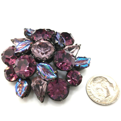 Regency Purple Lavender Floral Brooch, Art Glass Iridescent Leaves, 1950s Vintage Jewelry