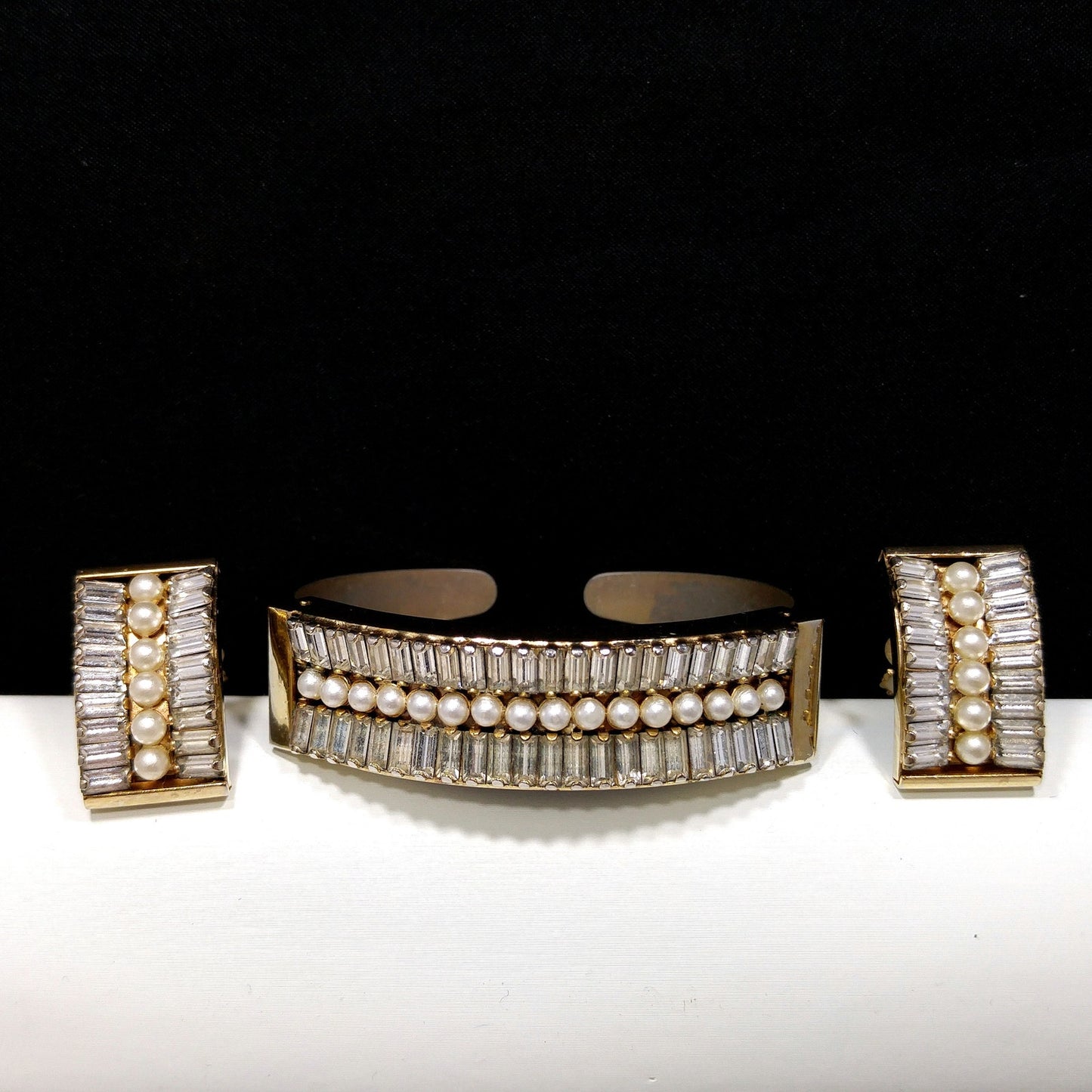 Vintage Leru Baguette Rhinestone & Pearl Cuff Bracelet & Clip Earrings Set 1950s