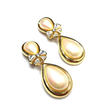 Vintage Christian Dior Large Faux Pearl Dangle Clip Earrings, Gold Plated, 1980s