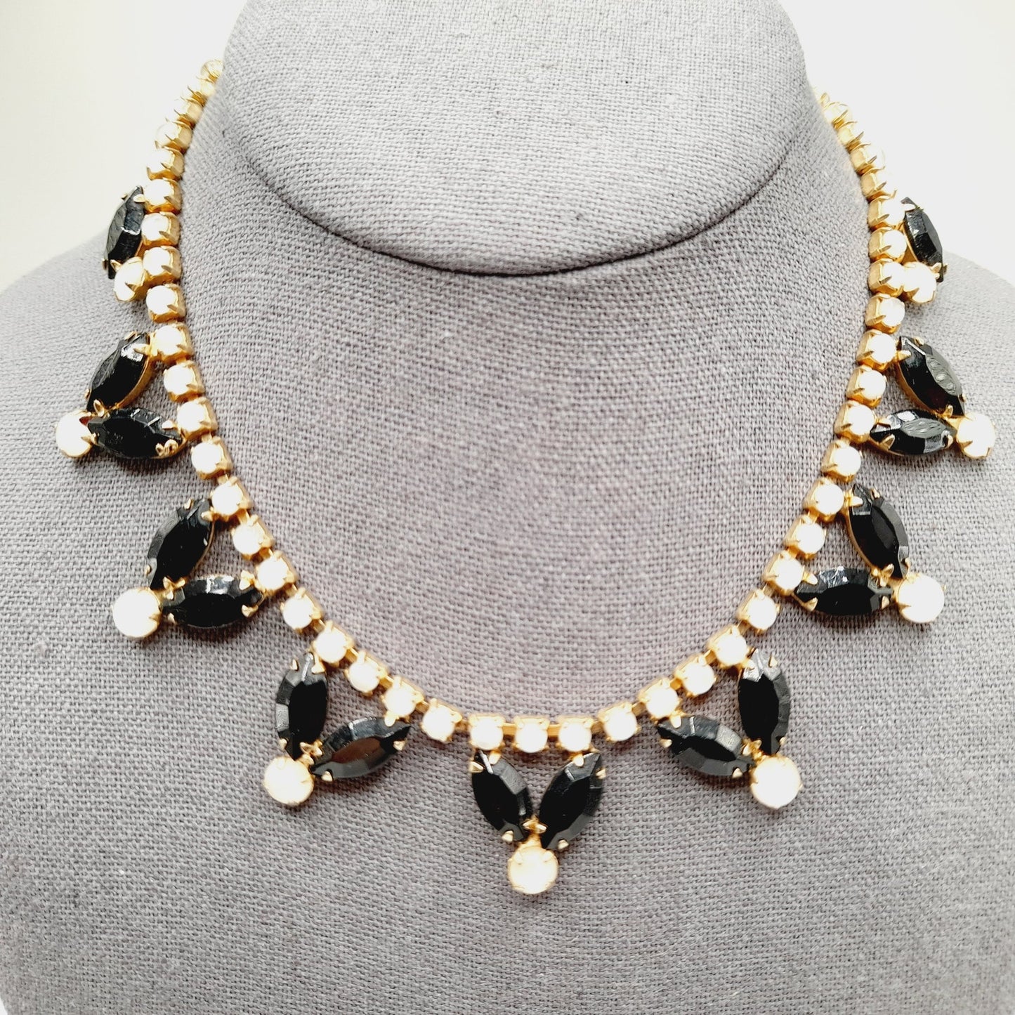 Vintage Black Rhinestones Milky White Cabs Gold Plated Choker Necklace, 1960s