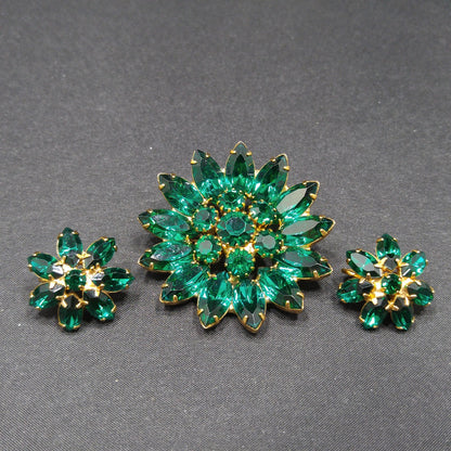 Emerald Green Rhinestone Floral Brooch & Earrings, Gold Plated, 1960s Vintage Jewelry