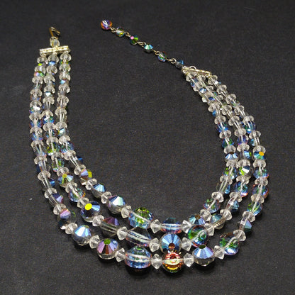 Vitrail Aurora Borealis Crystal Bead Necklace, Three Strands, 1960s Vintage Jewelry
