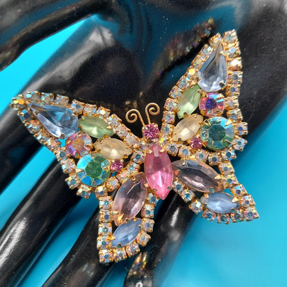 Vintage Weiss Butterfly Brooch, Pastel Rhinestones, Gold Plated, 1960s Jewelry